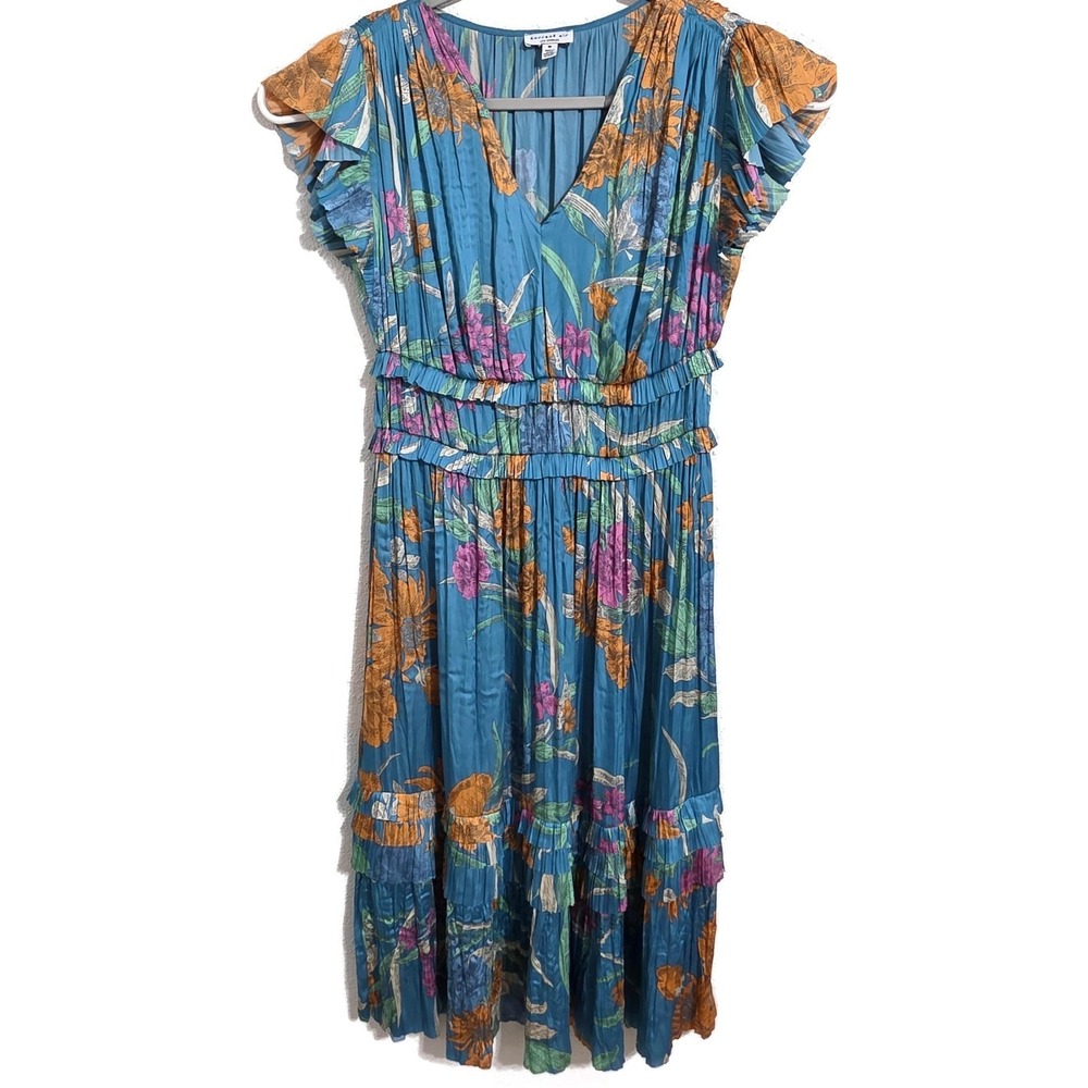 Current Air Dress Womens Medium Blue Floral Pleated Maxi Flutter Sleeve Sundress